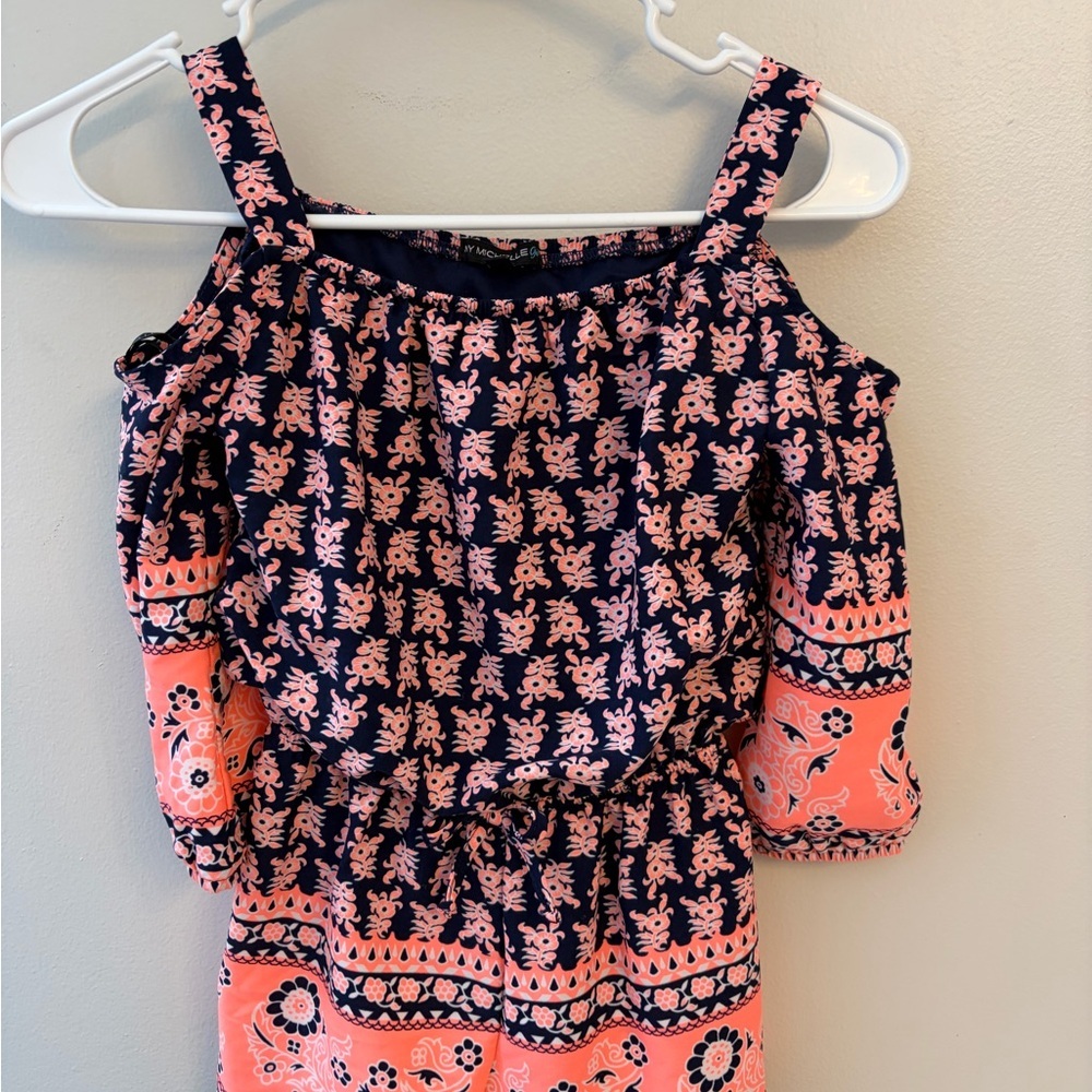 My Michelle orange and navy off shoulder girls one piece romper small 4-6